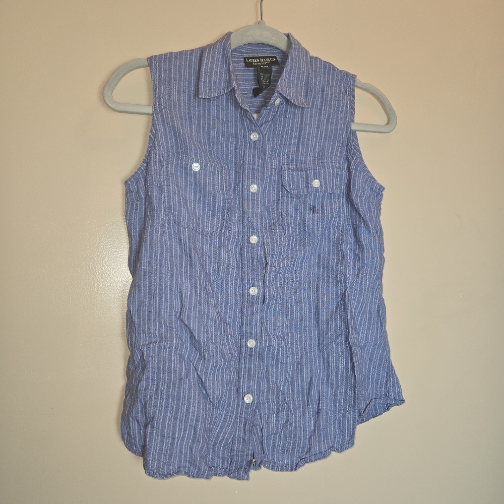 Ralph Lauren Blue Striped Sleeveless Button Up Linen Shirt Petite Size Medium